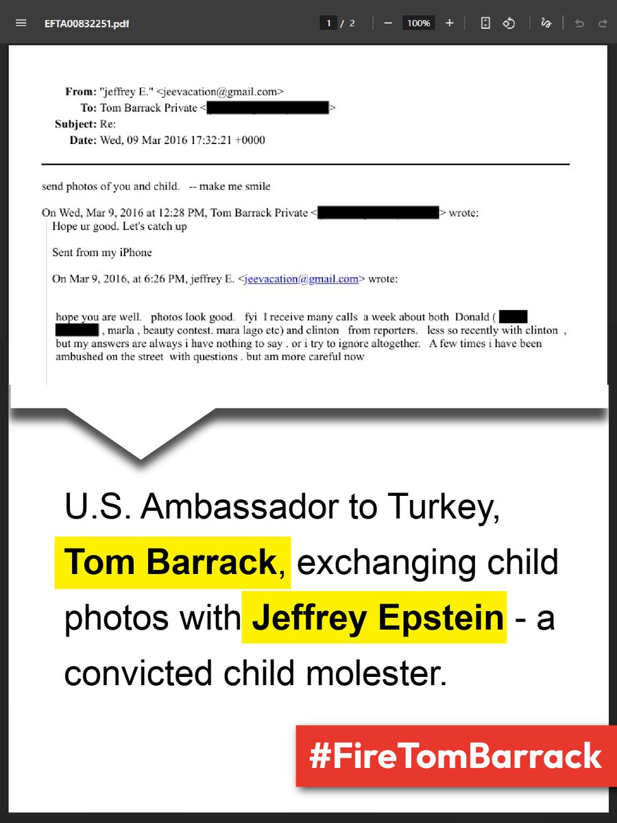 US Amb. Tom Barrack: Demeans Armenians as tribal, dismisses Armenian Genocide as an old impression

Also Barrack: Sends child photos to convicted child molester Jeffrey Epstein

Also Barrack: Mentioned 540+ times in  #EpsteinFiles

Link: justice.gov/epstein/files/…

#FireTomBarrack