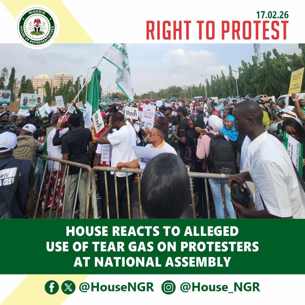 HouseNGR's tweet image. House of Representatives, National Assembly
Office of the House Spokesman

Press Statement
For Immediate Release

Alleged Use of Tear Gas on Protesters at National Assembly

Abuja, FCT | Tuesday, February 17, 2026

🧵

#GreenChamberNGR
#RightToProtest
