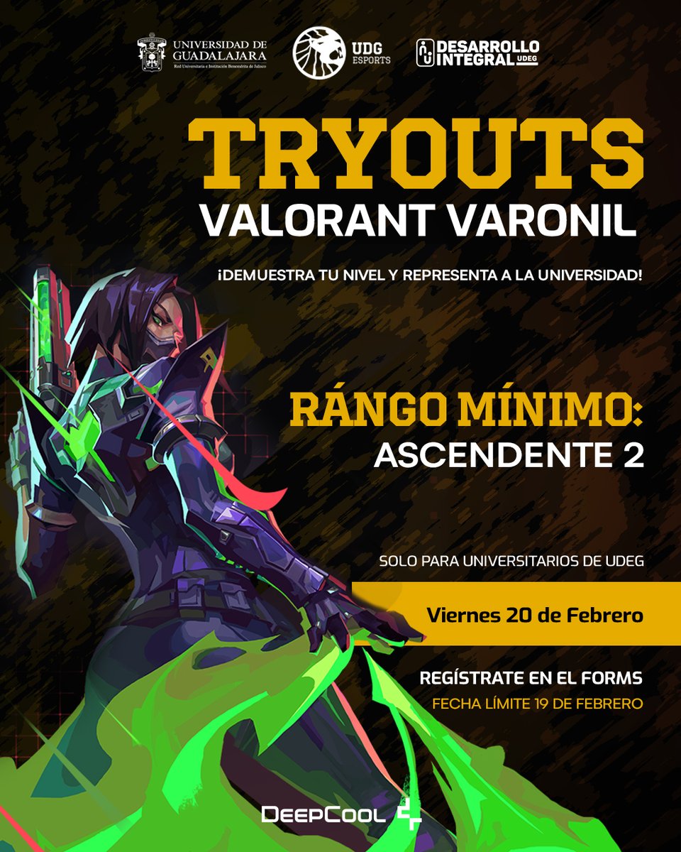 EsportsUdeG's tweet photo. ¡Nuestra escuadra de Valorant masculino esta buscando jugadores!
🦁 UDG Esports convoca a los valientes que se atrevan a entrar al campo de batalla y representar a la Universidad.
¿Eres rango ascendente 2 o más? 🤩
Registrate al forms del primer comentario ⬇️
#UDGEsports https://t.co/f6vVEtVvEx