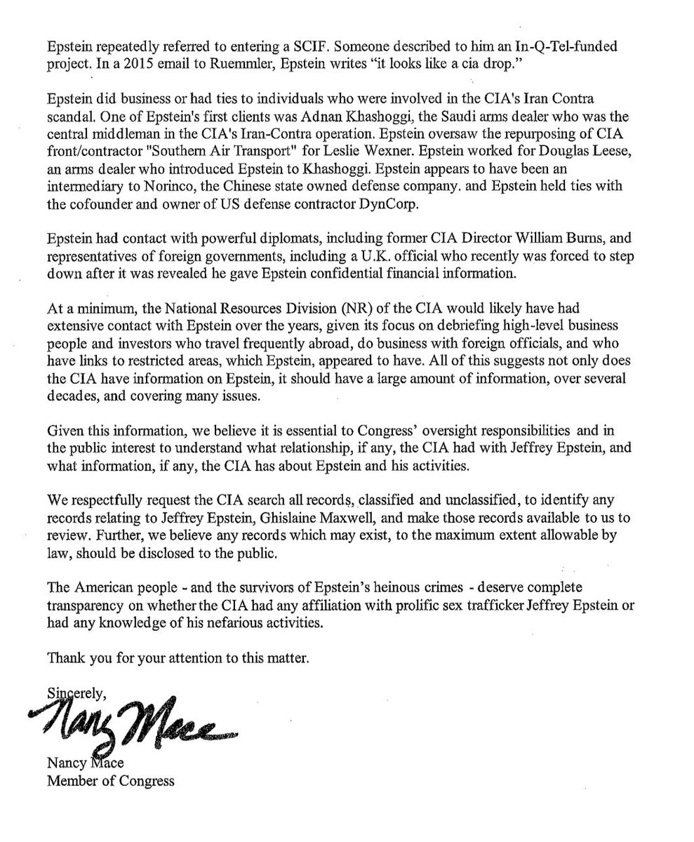 SaveUSAKitty's tweet image. This is an EXCELLENT letter re: Epstein from Rep. Nancy Mace @RepNancyMace to CIA Director John Ratcliffe @CIADirector 👍🏻👇🏻