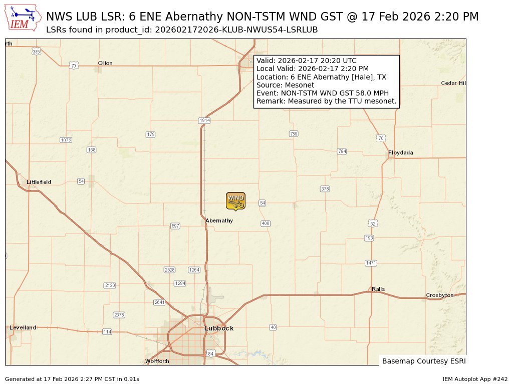 At 2:20 PM CST, 6 ENE Abernathy [Hale Co, TX] Mesonet reports Non-Tstm Wnd Gst of M58 MPH. Measured by the TTU mesonet. #txwx mesonet.agron.iastate.edu/lsr/?by=wfo&wf…