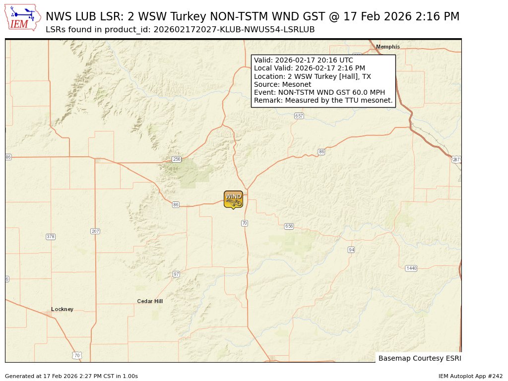 At 2:16 PM CST, 2 WSW Turkey [Hall Co, TX] Mesonet reports Non-Tstm Wnd Gst of M60 MPH. Measured by the TTU mesonet. #txwx mesonet.agron.iastate.edu/lsr/?by=wfo&wf…
