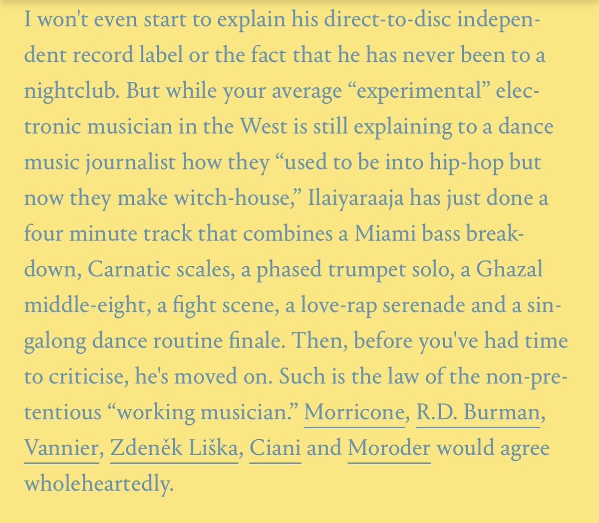 RaajaKamal7's tweet photo. Here is what a western music label owner who has been collecting electronic music from all over the world has to say about simple, flat, non complex,predictable Ilaiyaraaja music. 

Unfortunately he is no journalist who knows all, but only a musician who knows music https://t.co/Hvyd6OQf97
