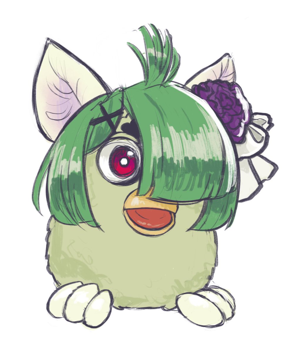 little announcement: I'M ALIVE! and i'm... in Spain for a bit. and I was in Yomi's stream yesterday IRL. and I drew her as a furby. more collab streams soon i guess...?

anyways, yorby time! 🌼👻 #GardeniART