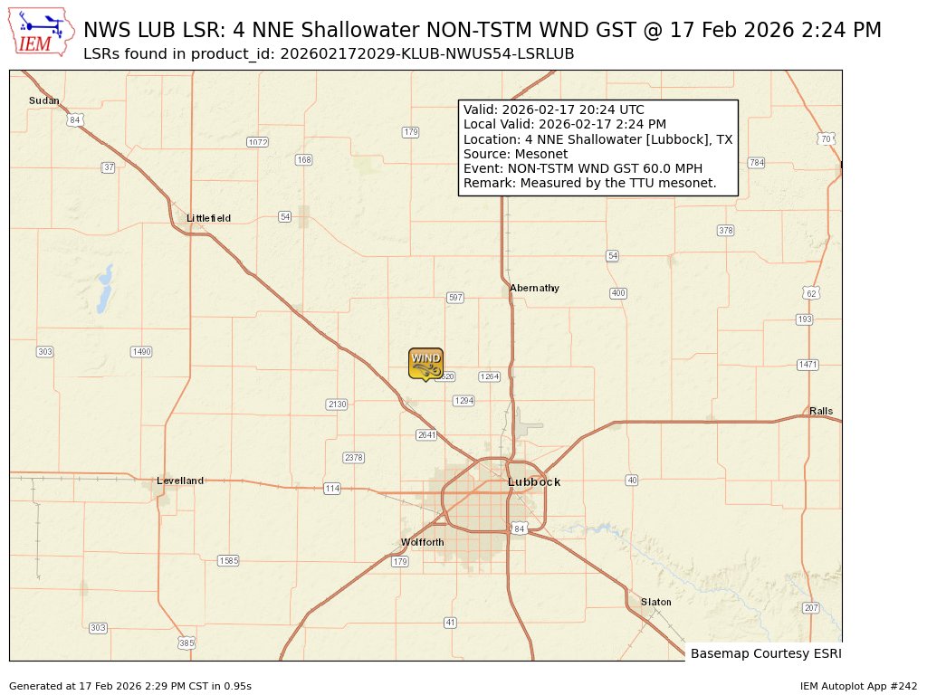 At 2:24 PM CST, 4 NNE Shallowater [Lubbock Co, TX] Mesonet reports Non-Tstm Wnd Gst of M60 MPH. Measured by the TTU mesonet. #txwx mesonet.agron.iastate.edu/lsr/?by=wfo&wf…