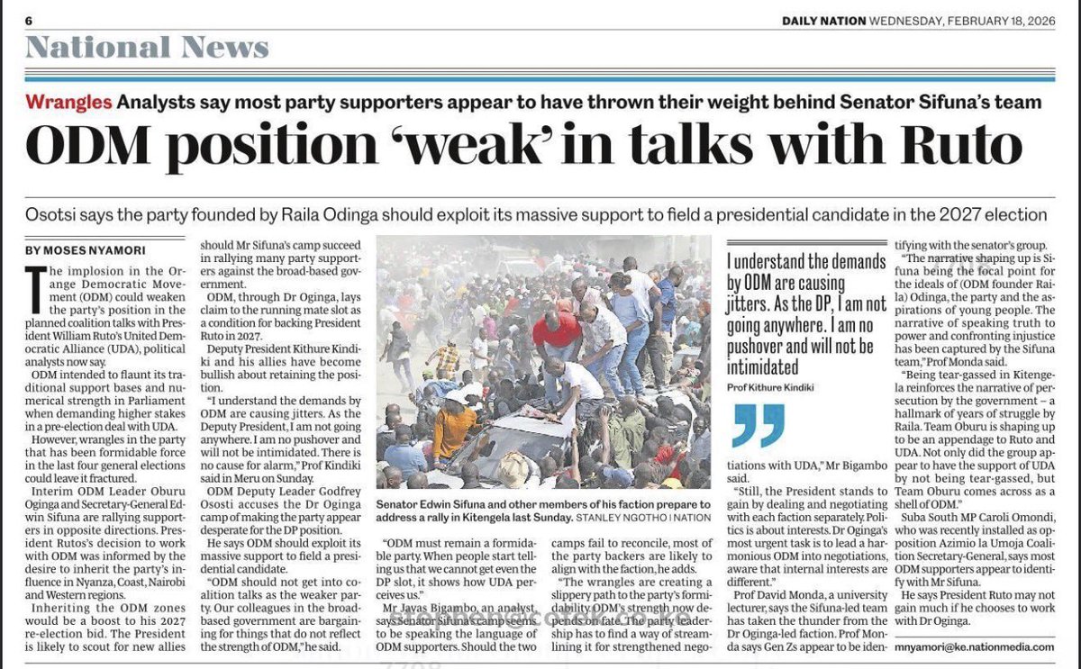 smutoro's tweet image. Ruto’s UDA won’t talk coalition with Oburu’s ODM faction because Sifuna’s group already grabbed the numbers. Politics isn’t about goodwill—it’s about who controls the floor. #ODM #UDA