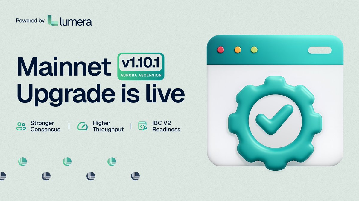 lumera's tweet image. Aurora Ascension is now live on mainnet!🚀

v1.10.1 introduces higher throughput, stronger consensus controls, and readiness for next-generation cross-chain flows.

This upgrade continues improving performance and reliability as Lumera scales.