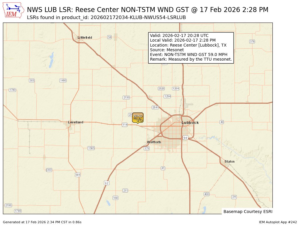 At 2:28 PM CST, Reese Center [Lubbock Co, TX] Mesonet reports Non-Tstm Wnd Gst of M59 MPH. Measured by the TTU mesonet. #txwx mesonet.agron.iastate.edu/lsr/?by=wfo&wf…