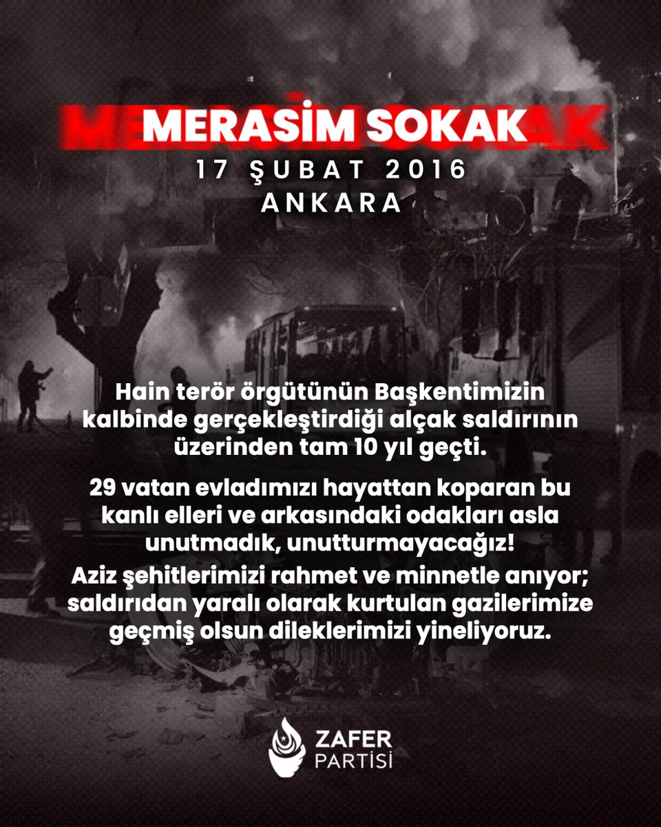 Hain terör örgütünün Başkentimizin kalbinde gerçekleştirdiği alçak saldırının üzerinden tam 10 yıl geçti. 

29 vatan evladımızı hayattan koparan bu kanlı elleri ve arkasındaki odakları asla unutmadık, unutturmayacağız!

Aziz şehitlerimizi rahmet ve minnetle anıyor; saldırıdan