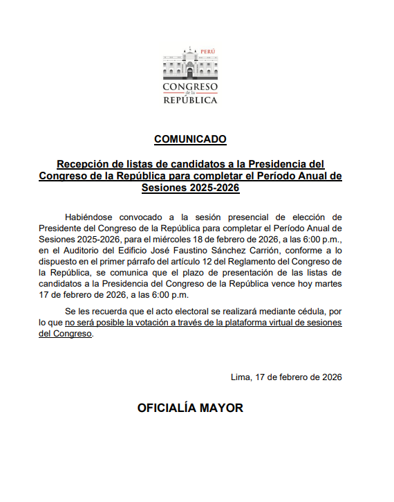 El Congreso convocó oficialmente a las bancadas a presentar sus listas de candidatos a la presidencia.