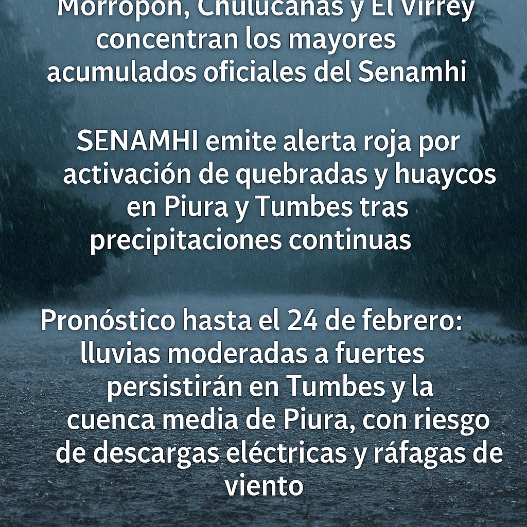 Sigue lloviendo intenso en el Alto Piura  y este 17 y 18 de febrero esperamos más aguaceros en la costa. Más detalles en facebook.com/nelsonsullana