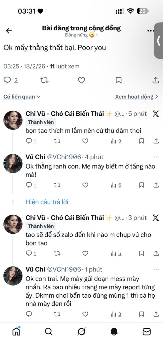 VChi1906's tweet photo. Tao đ biết ad page này là thằng nào con nào. Chúng m báo bố báo mẹ là chuyrnj của chúng m đừng lôi người khác vào tạo nghiệp. Bố mẹ cm đẻ ra chúng m đã là thất bại cuộc đời ông bả rồi, đừng kéo dài nỗi đau nữa. Bệnh quá mà thất bại thì thì tự chết đi https://t.co/IHXiGYC98c