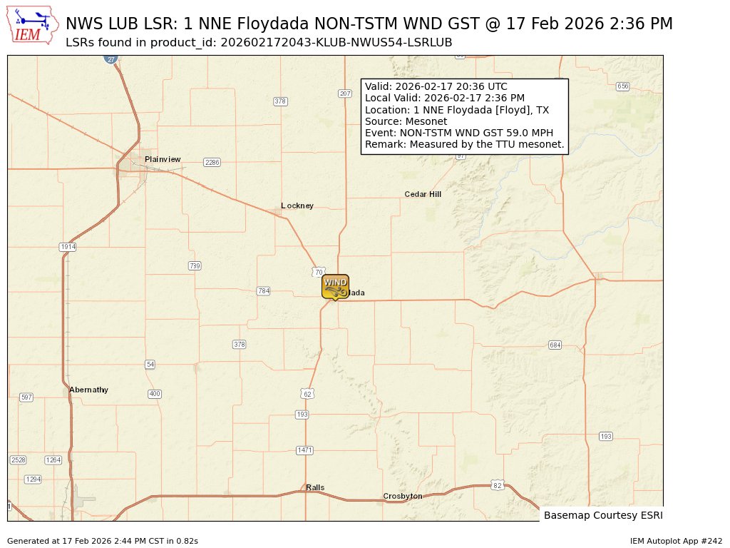 At 2:36 PM CST, 1 NNE Floydada [Floyd Co, TX] Mesonet reports Non-Tstm Wnd Gst of M59 MPH. Measured by the TTU mesonet. #txwx mesonet.agron.iastate.edu/lsr/?by=wfo&wf…