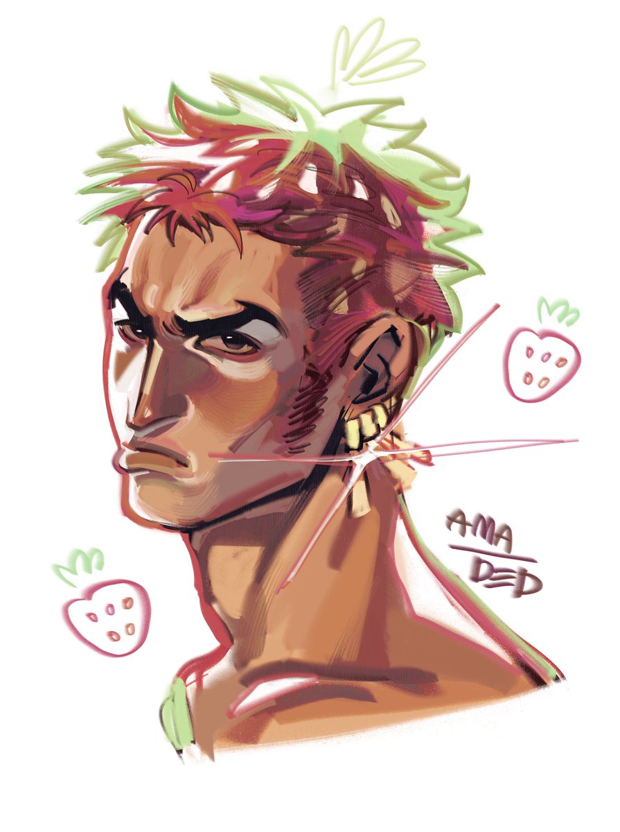 I'm experimenting with a painting style, and at someone's request, I drew a strawberry Zoro 🍓🍓🍓