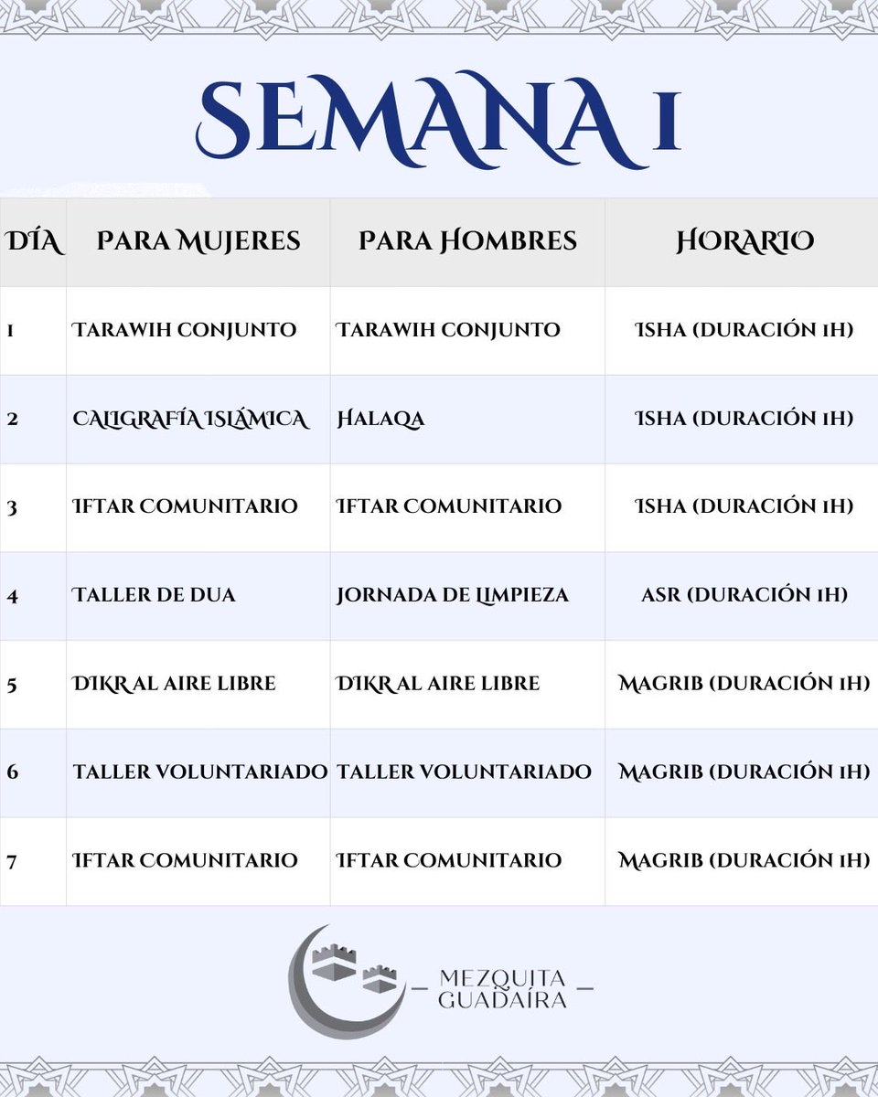 En breve empieza el #Ramadán 🌙
En la Mezquita de Guadaíra abrimos puertas y corazones: iftars comunitarios, talleres y voluntariado.
Invitamos especialmente a vecinos y amigos no musulmanes a compartir y conocernos. 🤝❤️
¡Estad atentos al Día 1!