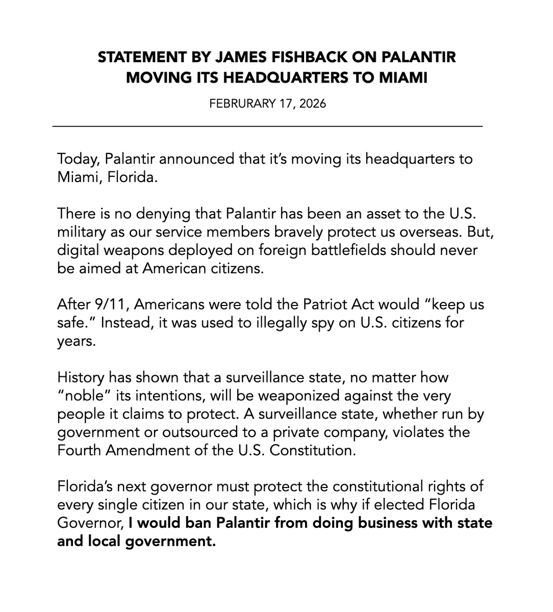 As Governor, I would ban Palantir from doing business with state and local government. My full statement.
