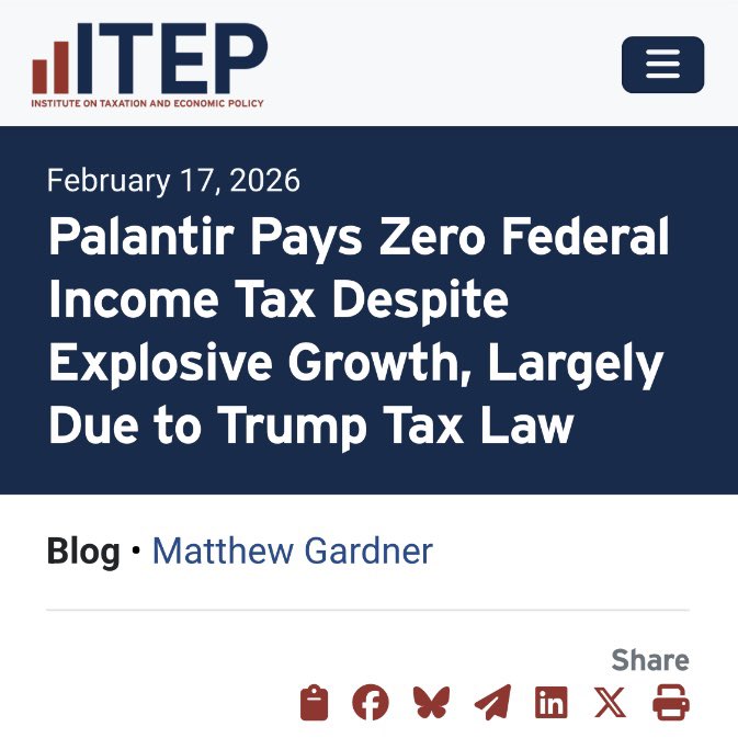 Last year, surveillance giant Palantir (who got an 8-figure contract from ICE) paid $0 in federal income tax despite making $1.5 BILLION, partly due to new tax cuts in Trump's Big, Beautiful Bill.

They cut Medicaid &amp; SNAP to pay for this.

This monstrosity must be reversed.