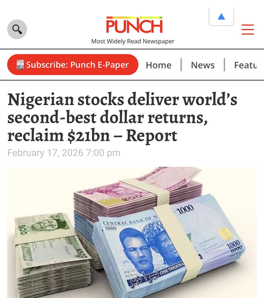 DeeOneAyekooto's tweet photo. Nigerian stocks have delivered the world’s second-best dollar returns this year, climbing 31% in 2026 and recovering $21 billion in market value lost following a sharp naira devaluation in 2024.

Total market capitalisation on the Lagos Exchange now stands at about $84 billion, roughly 58% higher than before the naira’s collapse.

As reported by Bloomberg on Tuesday, Nigeria’s “benchmark index surged 31% this year, delivering the world’s second-best dollar returns.

“The rally far outpaces the 11% gain in the broader emerging-market index and the 6.4% advance in a gauge of frontier-market stocks.”