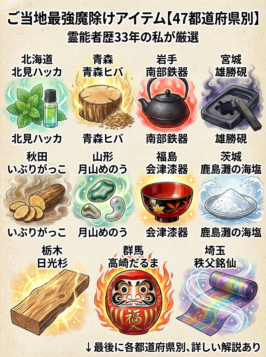 nishina_kanji_a's tweet photo. ご当地最強魔除けアイテム【47都道府県別】
霊能者歴33年の私が厳選

北海道：北見ハッカ
青森：青森ヒバ
岩手：南部鉄器
宮城：雄勝硯
秋田：いぶりがっこ
山形：月山めのう
福島：会津漆器
茨城：鹿島灘の海塩
栃木：日光杉
群馬：高崎だるま
埼玉：秩父銘仙

↓最後に各都道府県別、詳しい解説あり https://t.co/xIxJtjb0jB