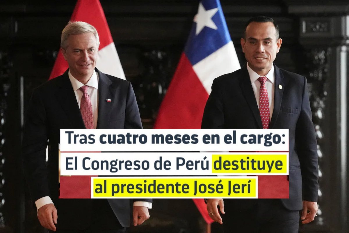 Terremoto para la ultraderecha sudamericana:

🔴 El Congreso peruano destituyó a José Jeri, aliado político de José Antonio Kast, tras acusaciones de corrupción.

🔴 En sesión extraordinaria, el Pleno aprobó las mociones de censura contra el presidente del Congreso.

Fuente: