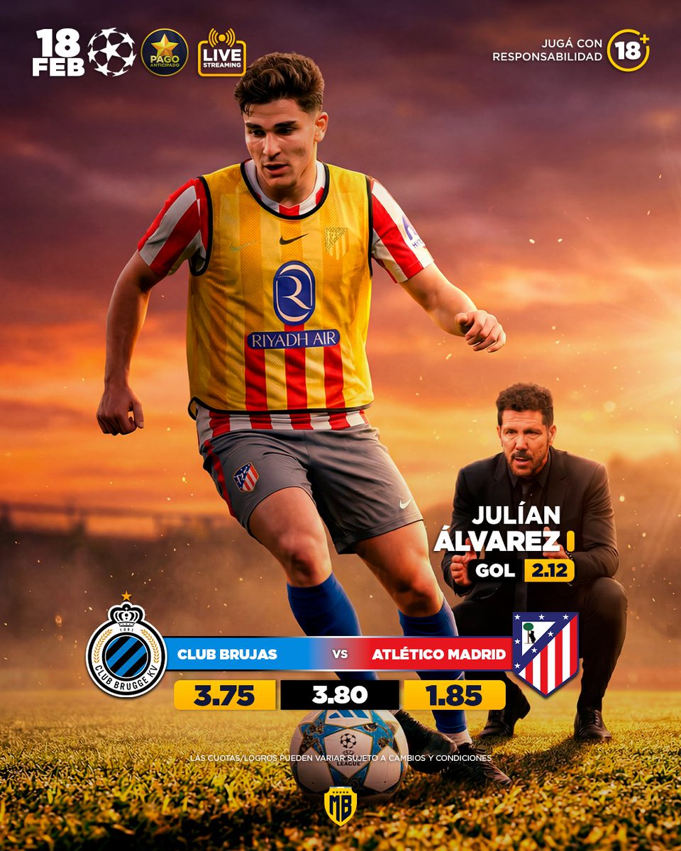 🏆 #ChampionsLeague
⚽ Club Brugge 🆚 Atl. Madrid
⏰ 17:00
🏟️ Jan Breydel Stadium
🔥 Julián Álvarez — CUOTA GOL 2.12
⭐ Pago anticipado activado 🟢
📺 Miralo en vivo en:
 mb365.pro/PIBES +18.