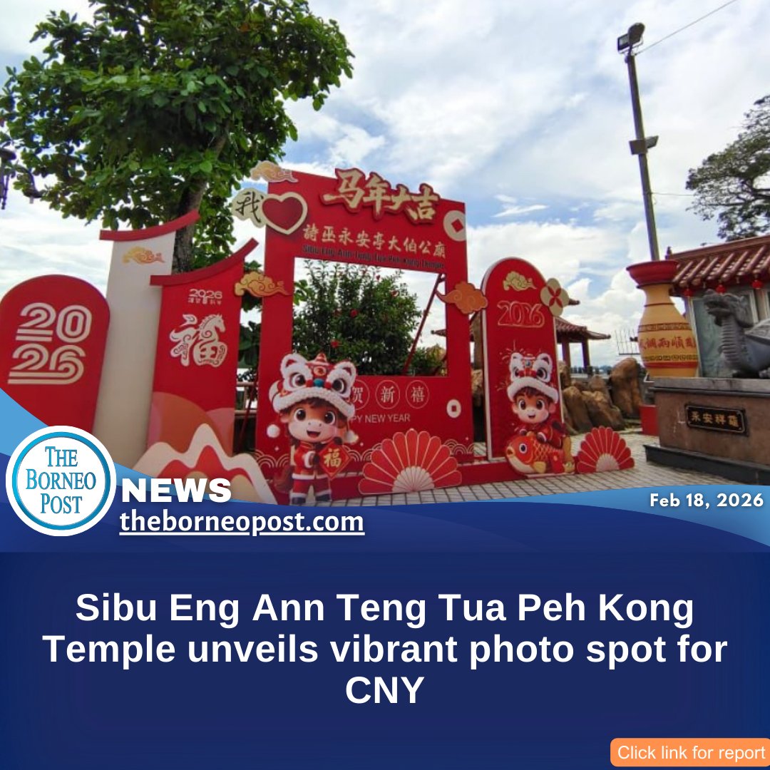 theborneopost's tweet image. Sibu Eng Ann Teng Tua Peh Kong Temple opens a colourful Lunar New Year photo spot with red backdrops, lanterns, and lion dance motifs for families and visitors to capture festive memories.
theborneopost.com/2026/02/18/sib…

#Sibu #LunarNewYear2026 #FestiveSpirit #TempleCelebration