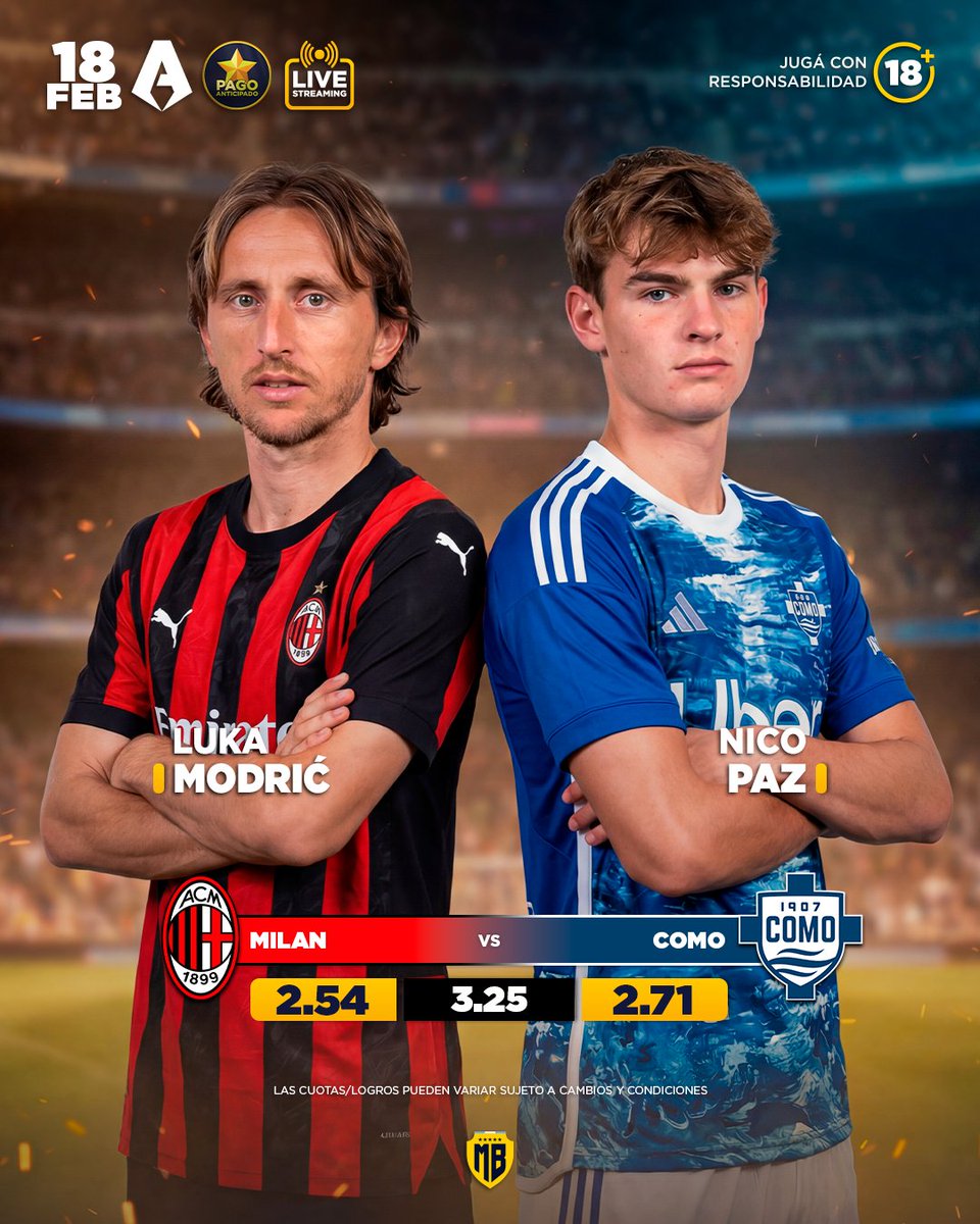 🏆 #SerieA
⚽ Milan 🆚 Como
⏰ 16:45
🏟️ San Siro
⭐ Pago anticipado activado 🟢
📺 Miralo en vivo en:
 mb365.pro/PIBES +18.