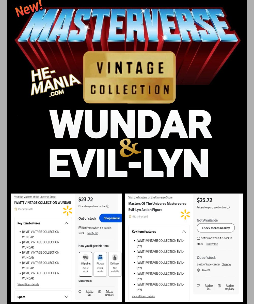 HeManiaOfficial's tweet photo. NEW MASTERVERSE! We found two new Masterverse "Vintage Collection" figures listed on Walmart's website: WUNDAR and EVIL-LYN!
#MastersoftheUniverse #MOTU #Actionfigures #Masterverse #NewActionFigures #EviLyn #Wundar #HeMania https://t.co/pCFoFWwZ4o