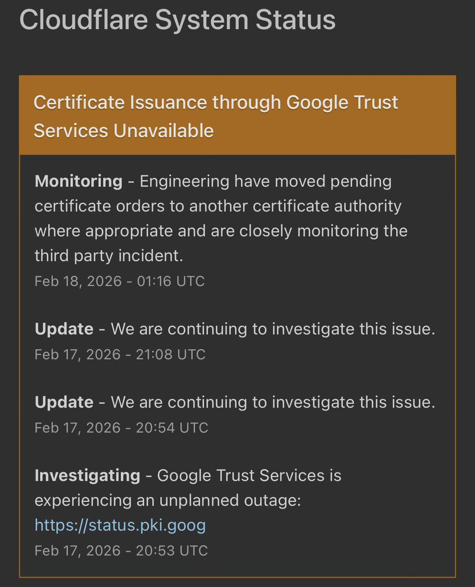<a href="/techdog/">𝓦𝓲𝓵𝓵 𝓓𝓮𝓪𝓻𝓫𝓸𝓻𝓷</a> It looks like Cloudflare is pointing the finger at Google. I’m wondering just how many places use Google issued certs exclusively and if that’s the rhyme or reason why everything is crashing.