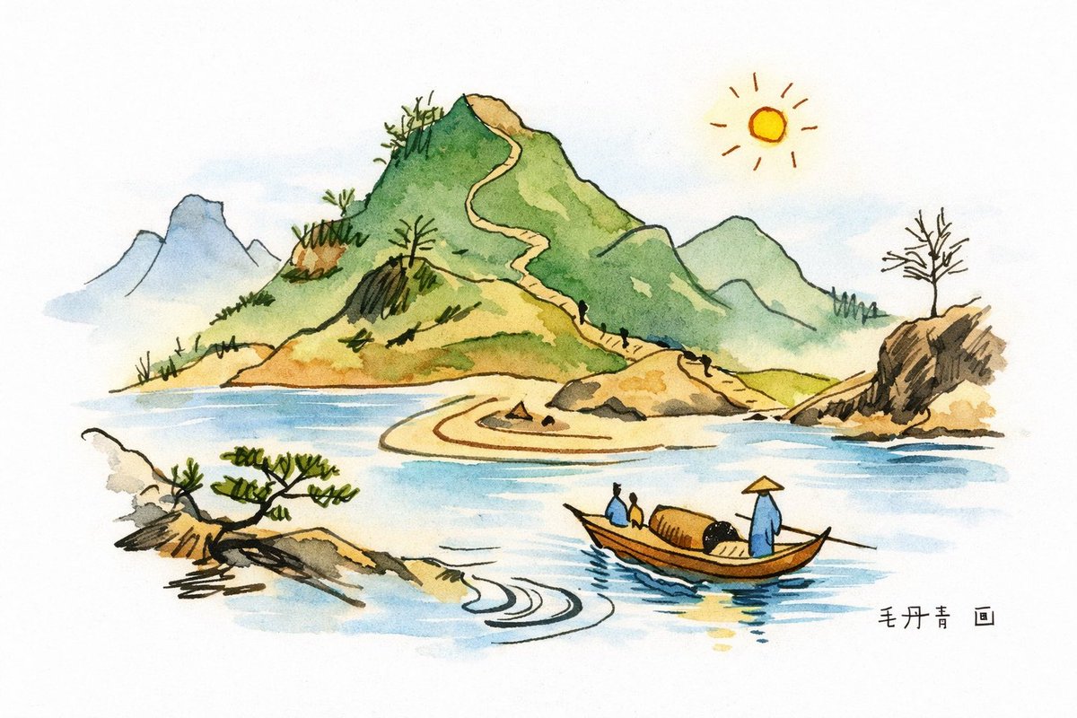 中国語のなかに「水到絶境是風景、人到絶境是重生」という名言もある。すなわち、水は流れが行き止まれば、滝（風景）になり、人は追い詰められたどん底でこそ、本当の自分に生まれ変わる。限界は終わりではない。新しいステージへの入り口だという。イラスト風に描いてみた。
