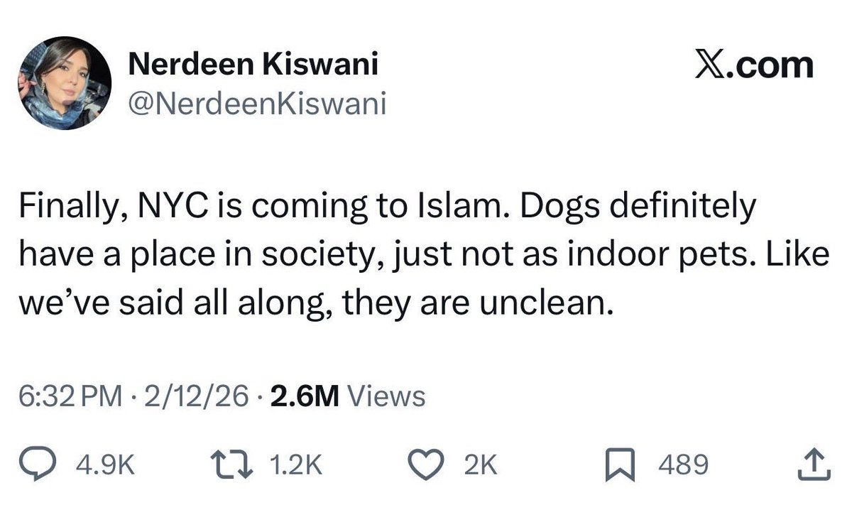 La número 2 de New York avisándole a los neoyorquinos que vayan despidiéndose de sus perros porque va en contra de su religión y la del alcalde. 
¡Lo linda que es la democracia!