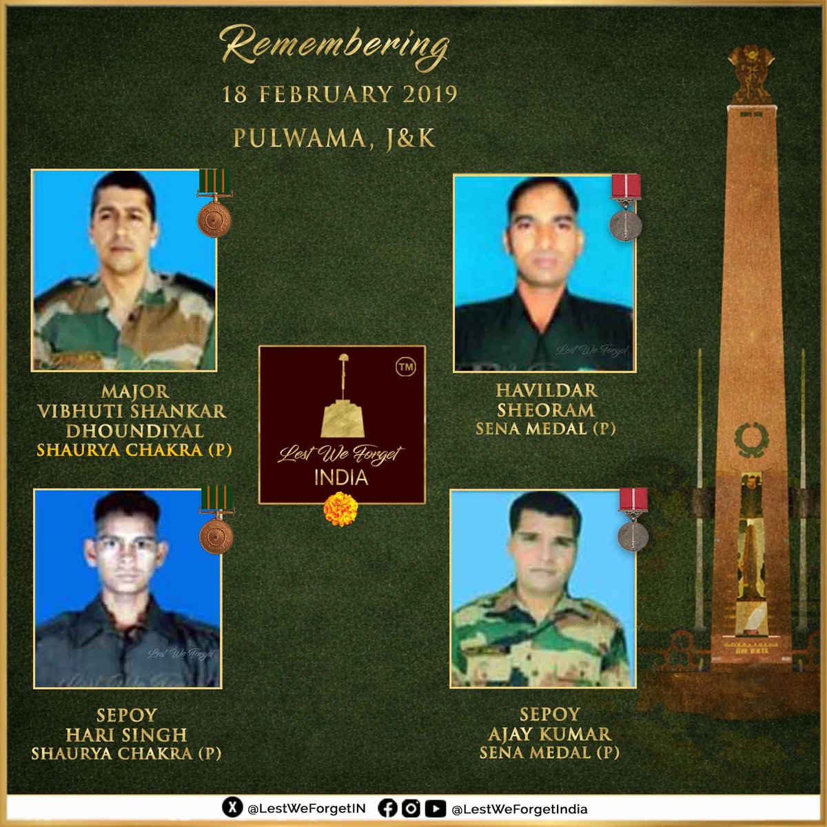 LestWeForgetIN's tweet photo. #LestWeForgetIndia🇮🇳 the supreme sacrifice of four #IndianBraves of 55 RASHTRIYA RIFLES -

• Major Vibhuti Shankar Dhoundiyal, Shaurya Chakra (P)
• Sepoy Hari Singh, Shaurya Chakra (P)
• Havildar Sheo Ram, Sena Medal (P)
• Sepoy Ajay Kumar, Sena Medal (P)

#OnThisDay 18 February in 2019 while fighting terrorists in an Anti-Terror Op at Pulwama, J&K