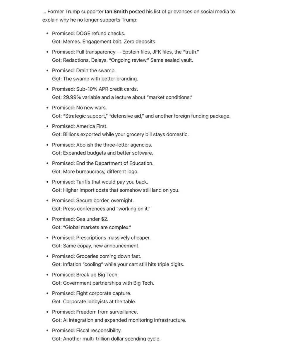 Hell of a list of grievances from a former Trump supporter.