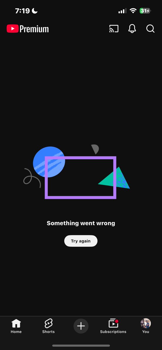 is youtube down because there is nothing on my homescreen?? #YouTubeDOWN