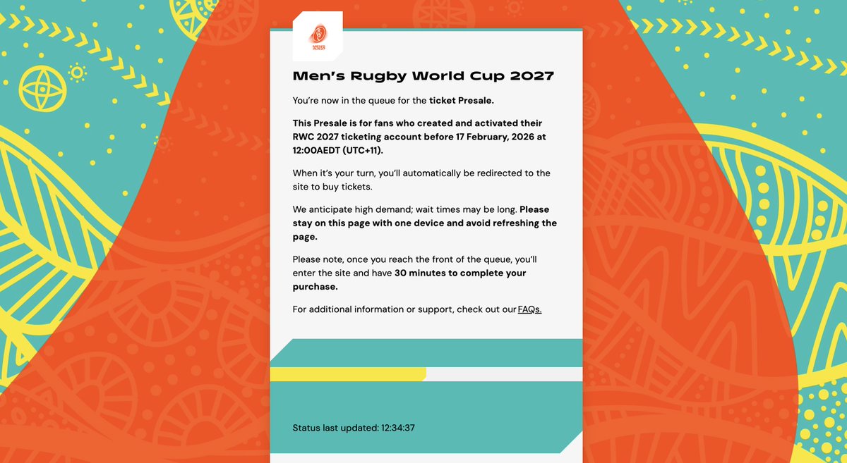 BritBeeby's tweet photo. Has anyone managed to secure tickets yet? Yellow bar hasn't moved an inch.  #RWC2027 https://t.co/9QDo9RvUST