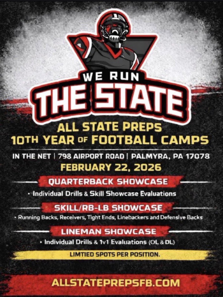 amory_sangster's tweet photo. I’ll be attending the All State Preps 10th Annual We Run The State Football Camp this Sunday, February 22nd in Pennsylvania. Time to get better, get evaluated, and go head-to-head with some of the best talent around.
FREEDOM HS || CLASS OF 29 || RB/LB #WeRunTheState #AllStatePrep https://t.co/MGtgg5M6xS