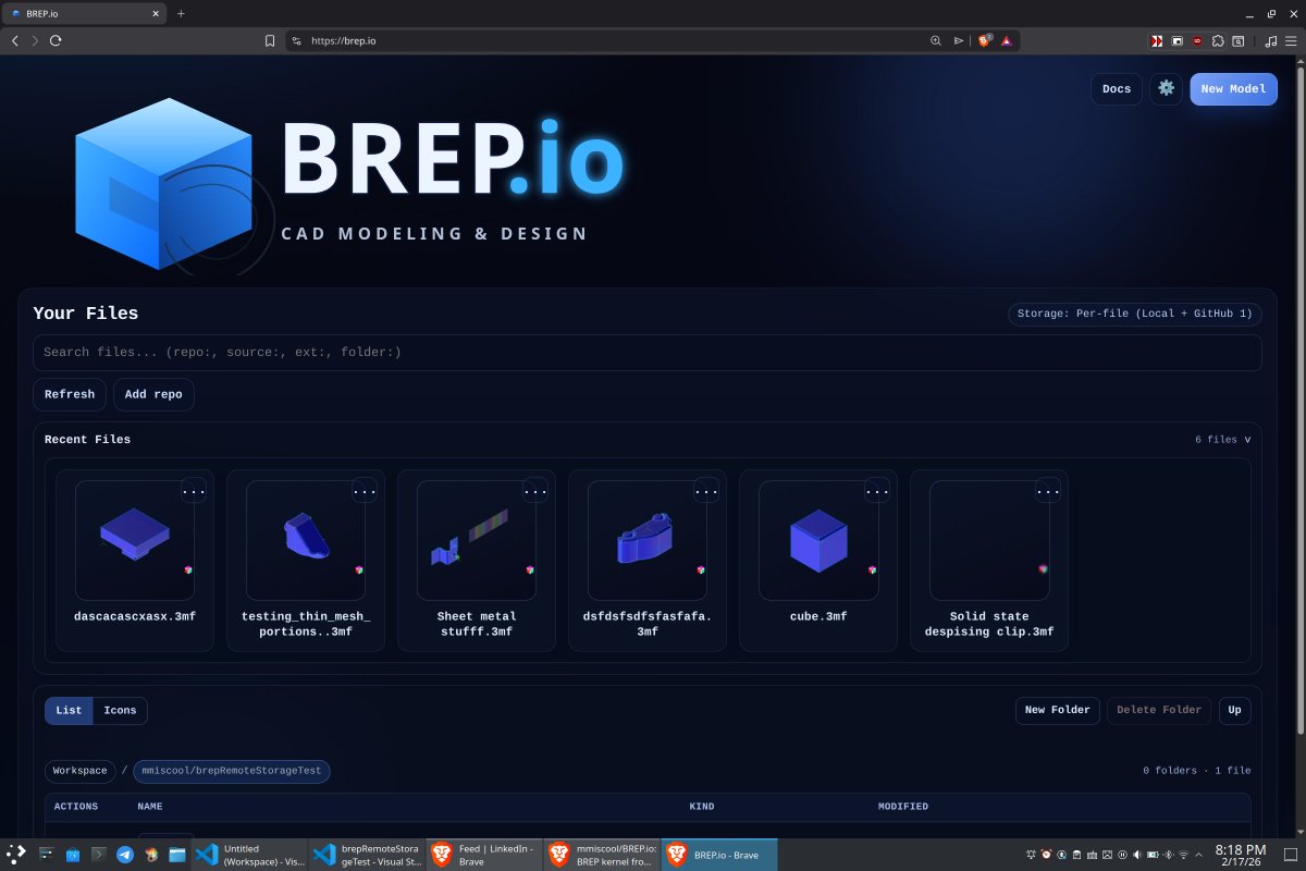 Github has a nice little API for client side only web applications that lets you read/write to git repos. BREP.io now has a fancy new landing page that allows you to add your own git repos to use for CAD model storage.