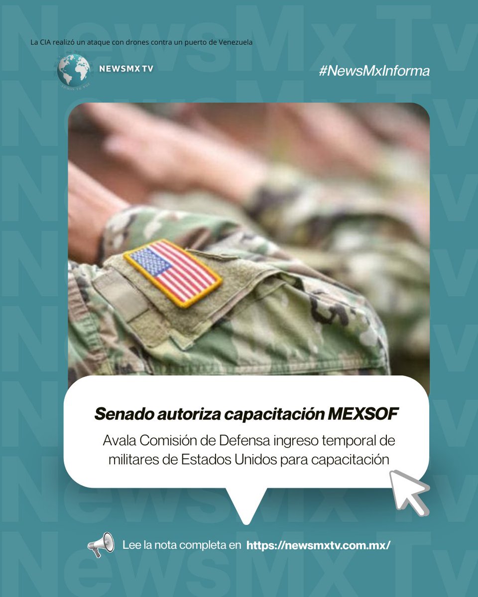 #NewsMxTv || Senado autoriza capacitación MEXSOF

La Comisión de Defensa Nacional del Senado de la República aprobó el dictamen que autoriza a la titular del Poder Ejecutivo Federal permitir el ingreso de elementos militares de Estados Unidos para participar en el ejercicio de