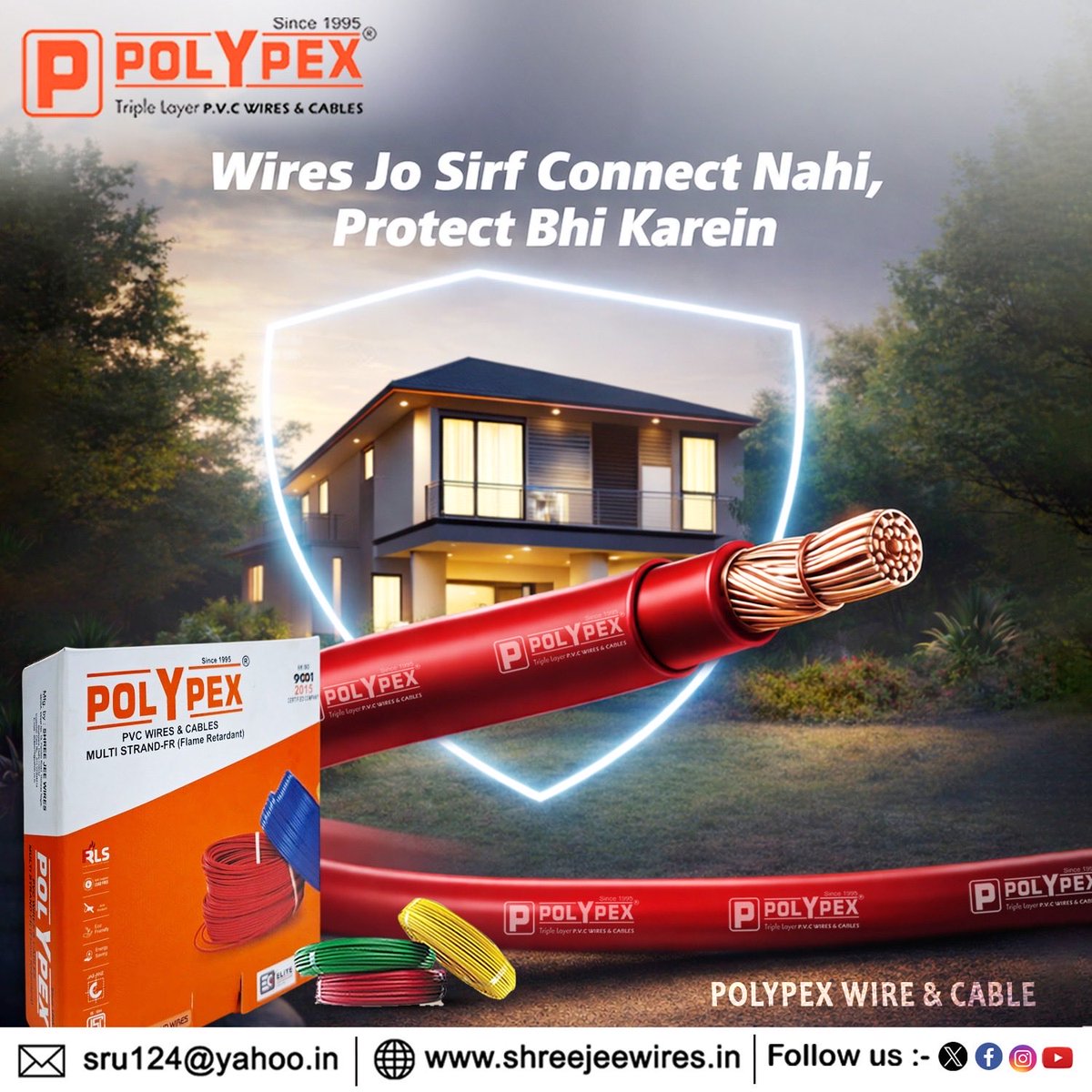 Polypex_wire's tweet photo. Wires Jo Sirf Connect Nahi, Protect Bhi Karein! 🏠🛡️
Powering homes with trust since 1995. 
Polypex Triple Layer P.V.C. Wires,✨
#PolypexWires #HomeSafety #ElectricalSolutions #TripleLayerProtection #SmartHome #ShreeJeeWires #SafetyFirst https://t.co/YxYfJkCNO8