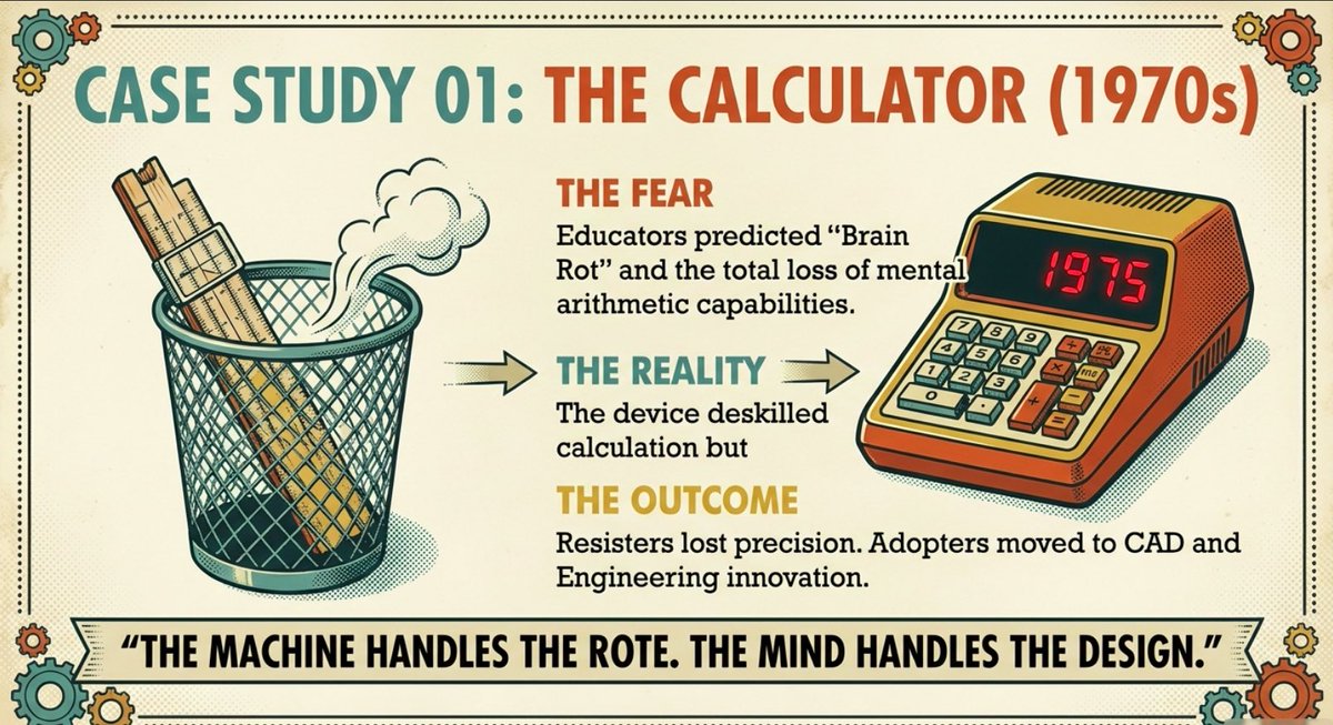 Each human invention moves the human in the loop away from the rote and the memorization to the empowerment of design.

We deskilled from the slide rule to the calculator and later the spreadsheet.

But on the other side was far more for the human to do.

Read how: