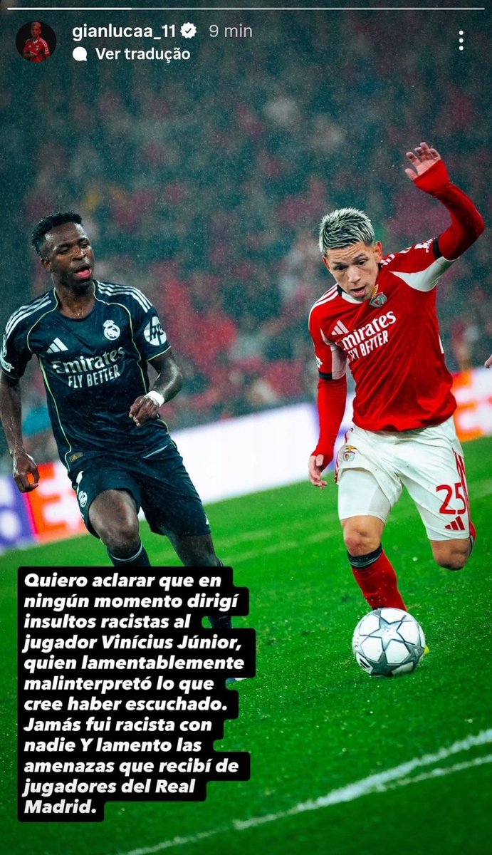 Prestianni acaba de falar sobre o sucedido no Instagram.

Se houver culpa dele que seja culpado.

Se não houver que seja o Vini culpado.