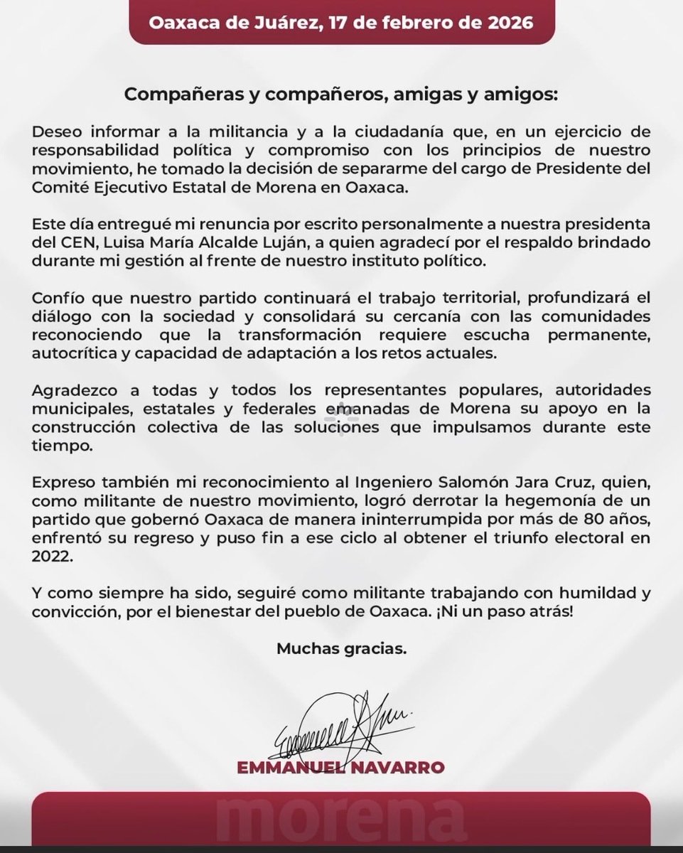 #Oaxaca ‼️Renuncia Emmanuel Navarro Jara <a href="/EmmanuelNj03/">Emmanuel Navarro</a> a la dirigencia del partido de <a href="/MorenaOaxaca1/">Morena Oaxaca</a> ‼️ Sería la primera renuncia tras ser sobrino del gobernador Salomón Jara. 

“Este día entregué mi renuncia por escrito personalmente a nuestra presidenta del CEN, Luisa María