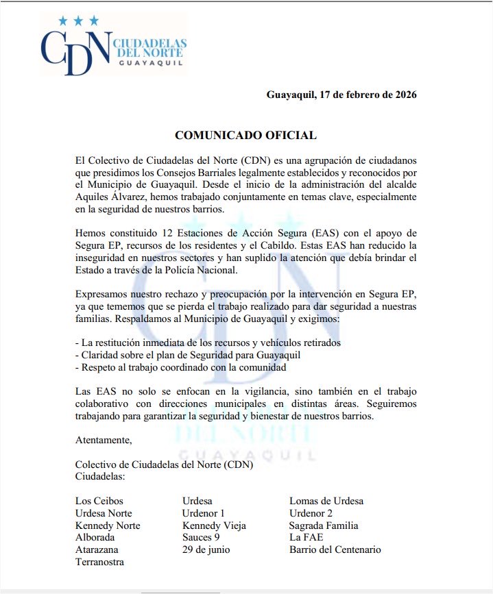 Comunicado Oficial.

<a href="/DanielNoboaOk/">Daniel Noboa Azin</a> <a href="/JohnReimberg/">John Reimberg</a> <a href="/CorteConstEcu/">Corte Constitucional</a> <a href="/CpccsEc/">Participa Ecuador</a> <a href="/alcaldiagye/">Muy Ilustre Municipalidad de Guayaquil</a> <a href="/aquilesalvarez/">Aquiles Alvarez Henriques</a> <a href="/taticoronelf/">TatianaCoronel</a>  <a href="/segura_ep/">Segura EP - C5GYE</a> <a href="/181Responde/">181 Responde</a>