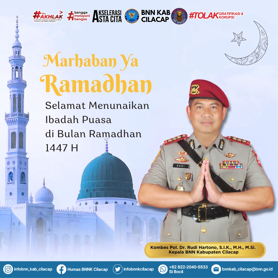 Keluarga Besar BNN Kabupaten Cilacap mengucapkan Marhaban Ya Ramadhan 🙏🏻
Selamat menunaikan ibadah puasa 1447 H. Semoga bulan suci ini menjadi momentum untuk memperkuat iman dan membersihkan hati.
Ramadhan adalah waktu terbaik untuk hijrah menuju hidup yang penuh keberkahan.