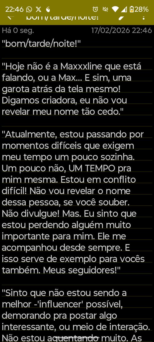 "Olá pessoal."

"Vim conversar um pouco sobre o quê estou passando. Espero que entendam e por favor, sem perguntas... :)"

"Lê-se com atenção!"