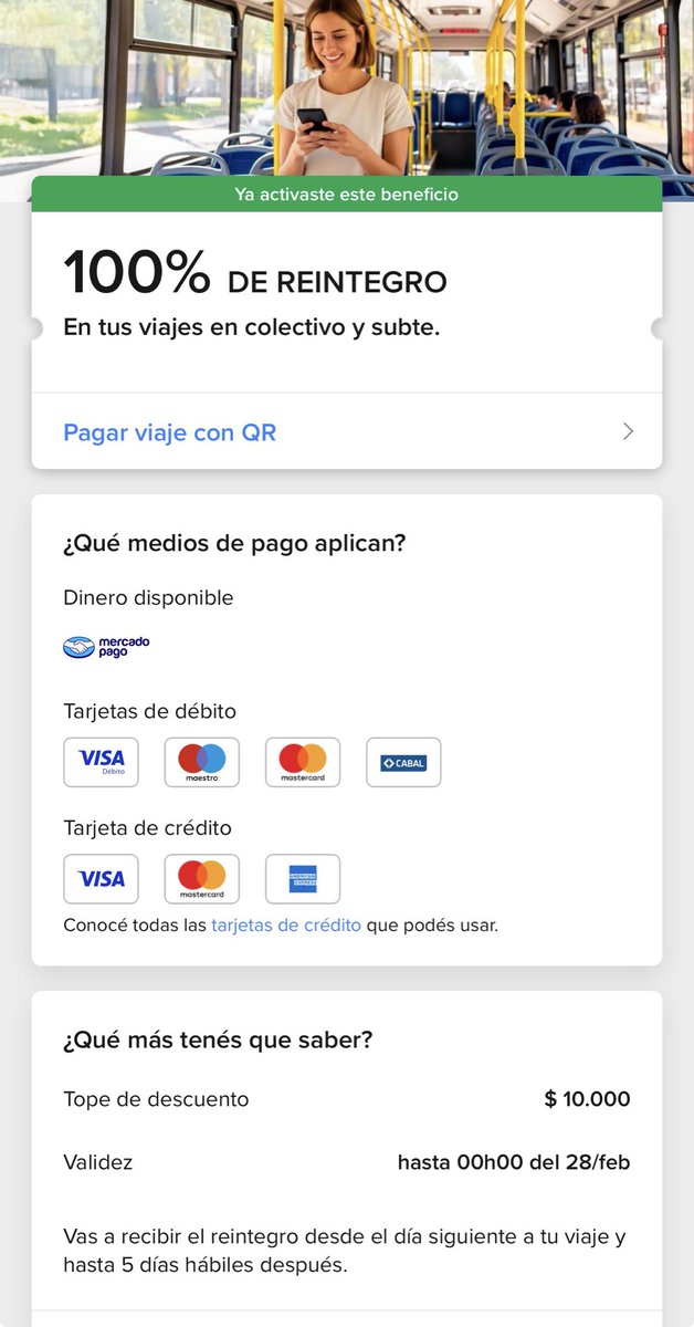 🚍 VOLVIÓ : 100% descuento Mercadopago + viajes colectivos y subtes ( fíjate si lo tenes en tu cuenta )  

👉🏼Vas a BENEFICIOS ( abajo a la derecha del celu ) 
👉🏼Apretas donde dice 100% transporte MP 
👉🏼Apretas ACTIVAR BENEFICIO 
👉🏼LISTO , queda activado  ( esto se hace todos los
