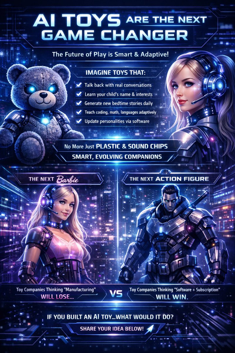 🔥AI is about to flip the toy industry. 🤖🧸

Imagine toys that:
• Talk back with real conversations
• Learn your child’s name &amp; interests
• Generate new bedtime stories daily
• Teach coding, math, languages adaptively
• Update personalities via software

Not just plastic.