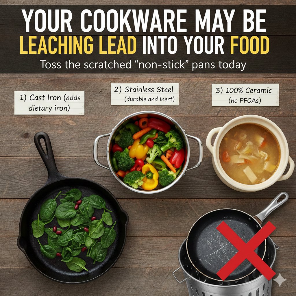 KristenJakobitz's tweet photo. Your cookware may be leaching lead into your food.
3 best materials for your kitchen:
1) Cast Iron (adds dietary iron)
2) Stainless Steel (durable and inert)
3) 100% Ceramic (no PFOAs)
Toss the scratched "non-stick" pans today.
#SafeCookware #HealthyLifestyle #Wellness https://t.co/pT3SvhZx3o