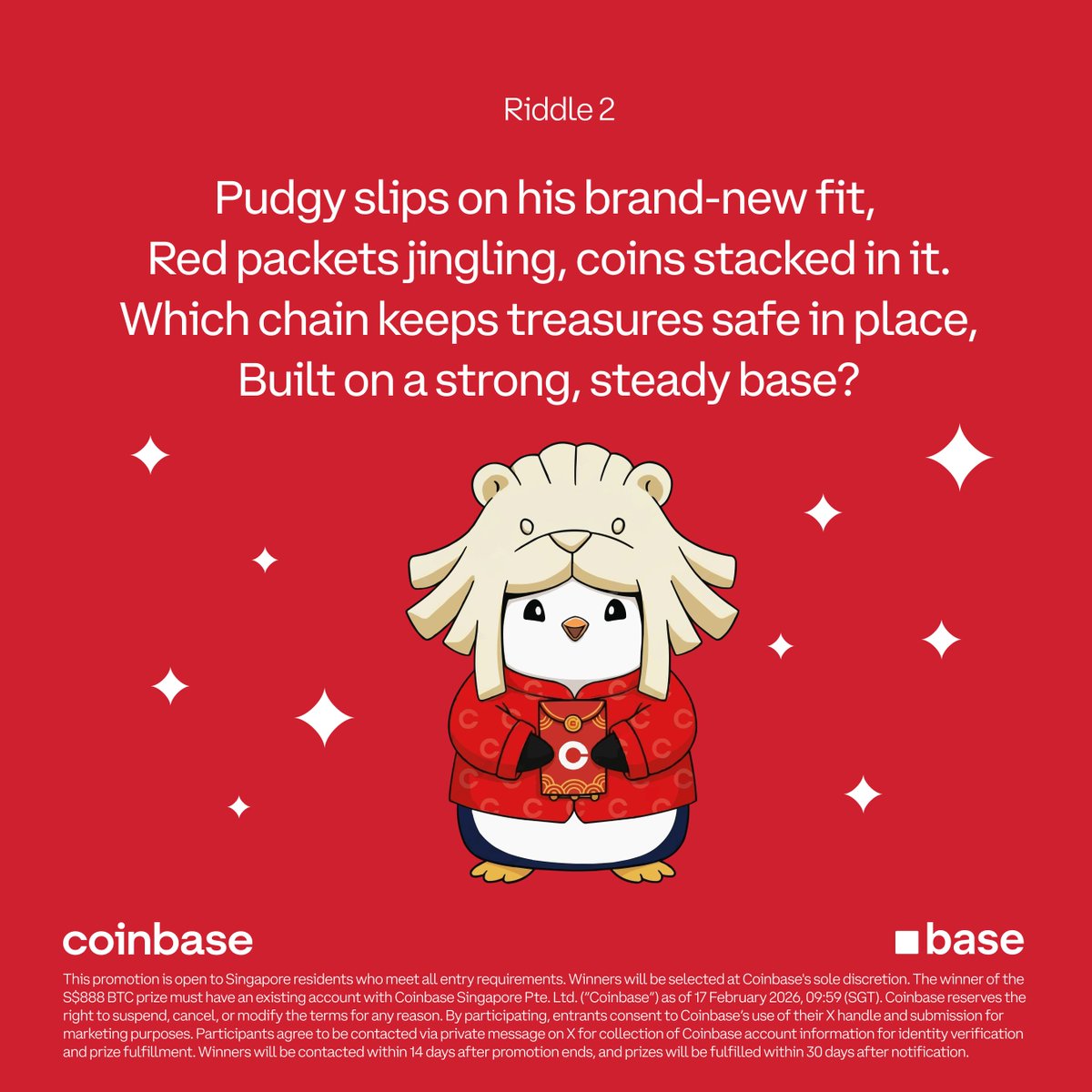 After yesterday’s celebrations, it’s time to secure his red packet coins.

Where will Pudgy move them?

Hint: A secure, low-cost L2.

→ Follow <a href="/CoinbaseSG/">Coinbase Singapore 🛡️</a> <a href="/BaseinSG/">Base Singapore</a> <a href="/PudgySG/">Pudgy Penguins Singapore 🇸🇬</a>
→ RT + comment answer

5 winners each get a CNY Coinbase Pudgy plushie. 1 grand winner gets S$888 BTC.