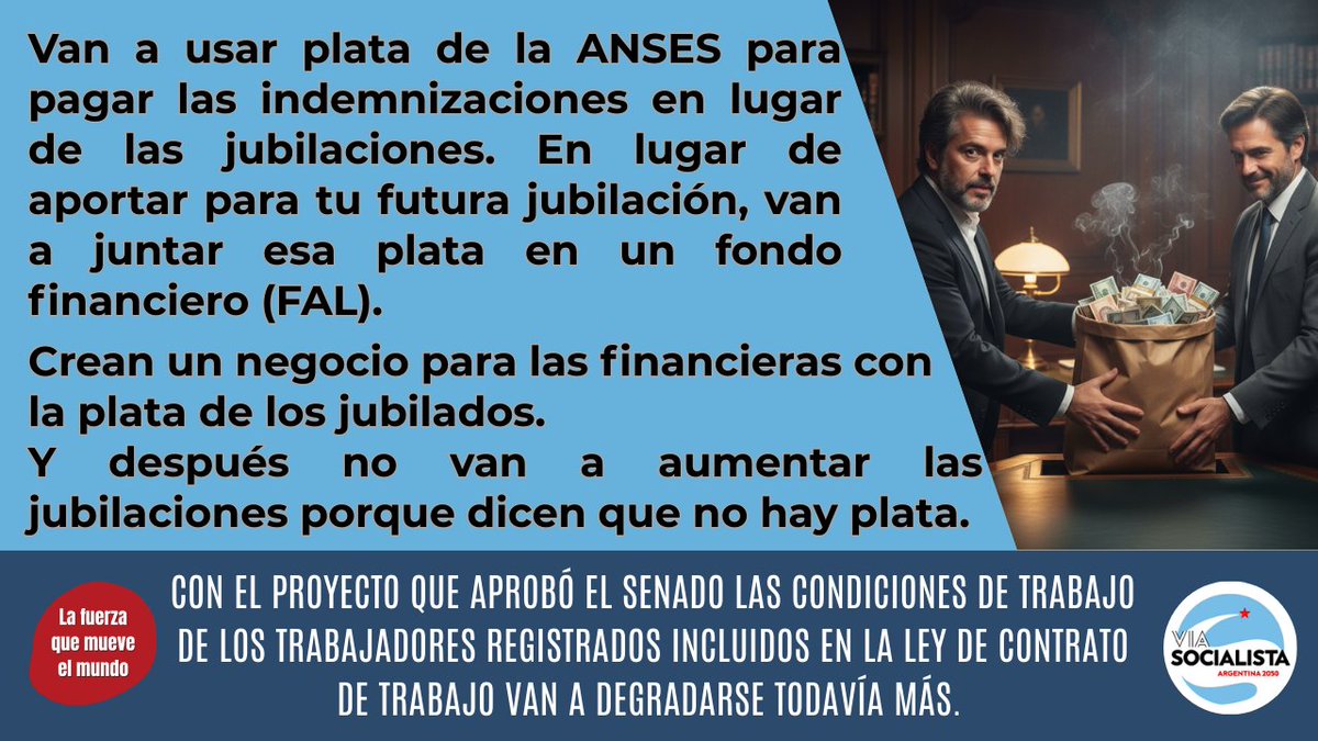 La #ReformaLaboral de <a href="/JMilei/">Javier Milei</a> sirve para que él y sus socios tengan un nuevo negocio financiero además de seguir sosteniendo a la burguesía parásita.
Profundizá en análisis sobre cómo nos afecta a todos los trabajadores en nuestro canal de Youtube: bit.ly/46XB0Se